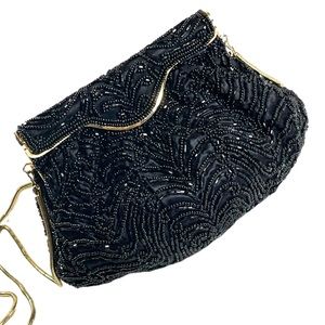 Vintage 1960s GOLDCO Fancy black seed bead evening bag gold hardware